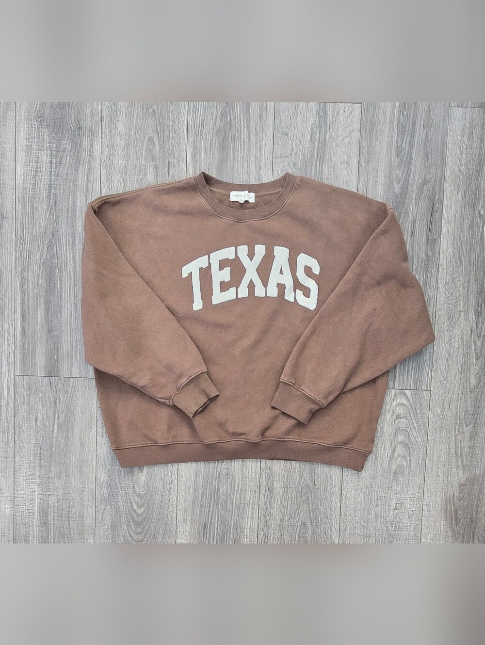 State of Mind Brown Crewneck Sweater with White TEXAS Applique. #648